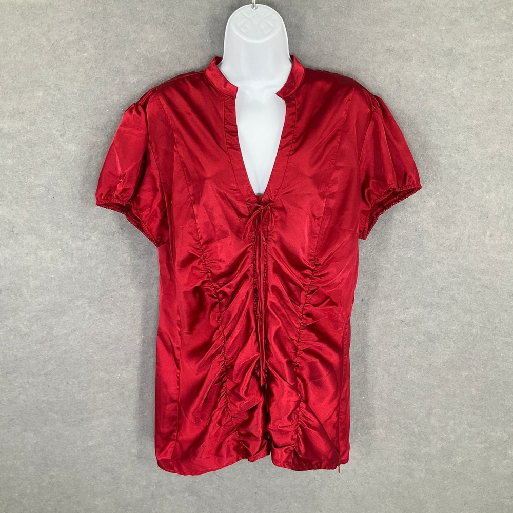 Torrid Top Red Satin Ruched Tie Front Whimsigoth Blouse Romantic Vamp Size 2X‎